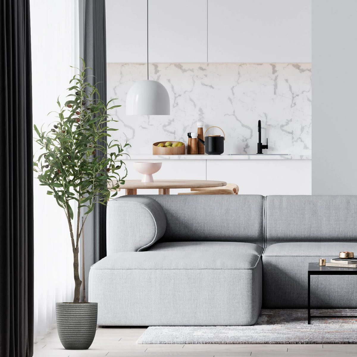 Green artificial plant OLIVE in a grey, ribbed pot by hjh OFFICE