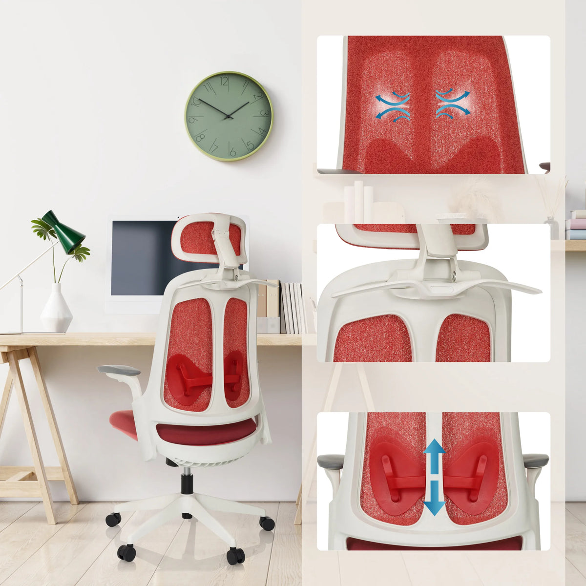 Red fabric upholstery and height-adjustable lumbar support of the Professional Office Chair ARCEO WF by hjh OFFICE