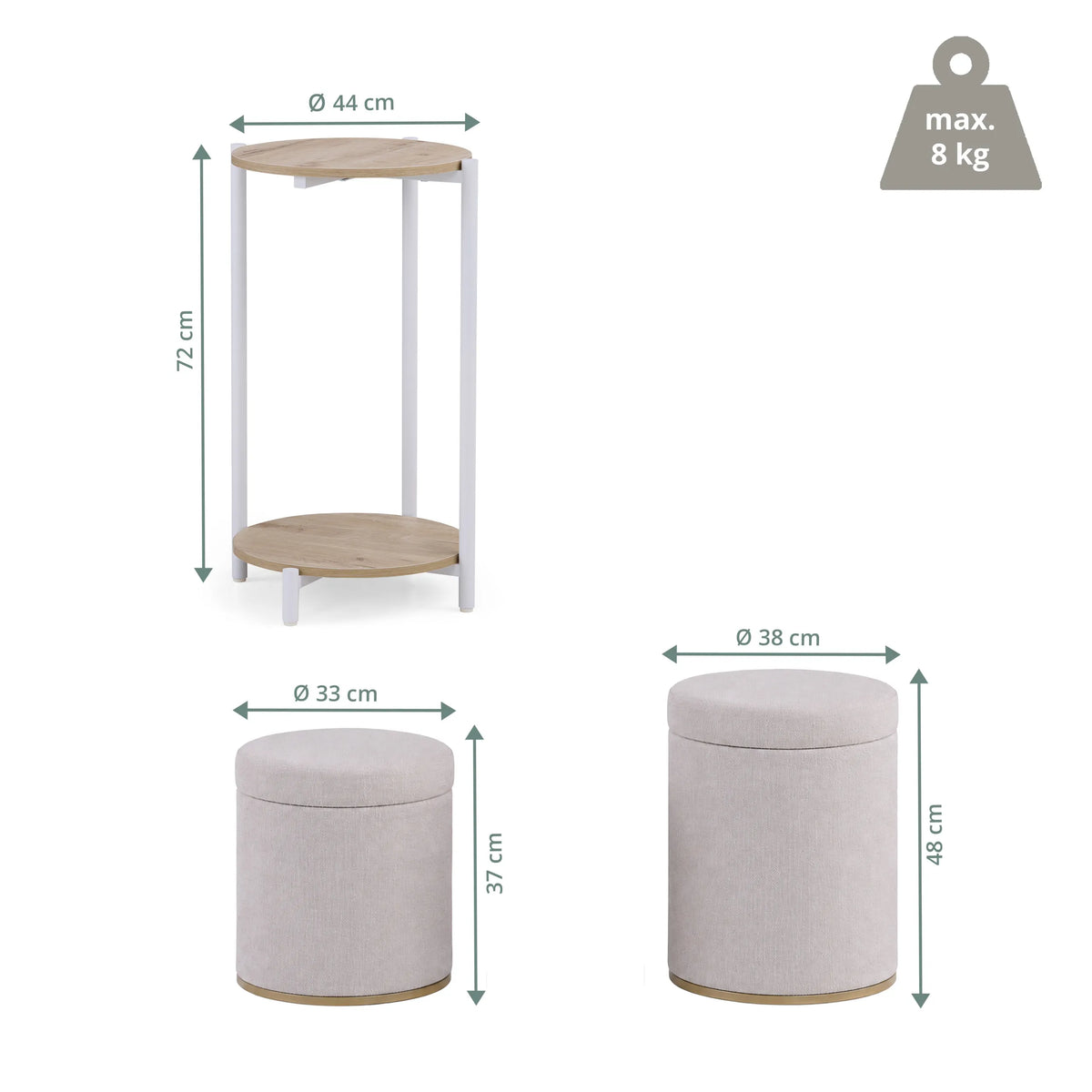 Dimensional drawing of the Nestup 1 side table with a height of 72 cm and a diameter of 44 cm by hjh LIVING