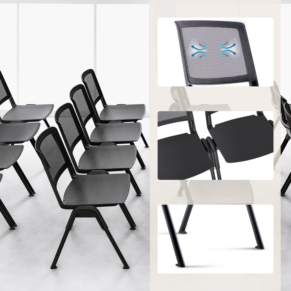 Several black MEET WA guest chairs with mesh backrests and stackable seats by hjh OFFICE