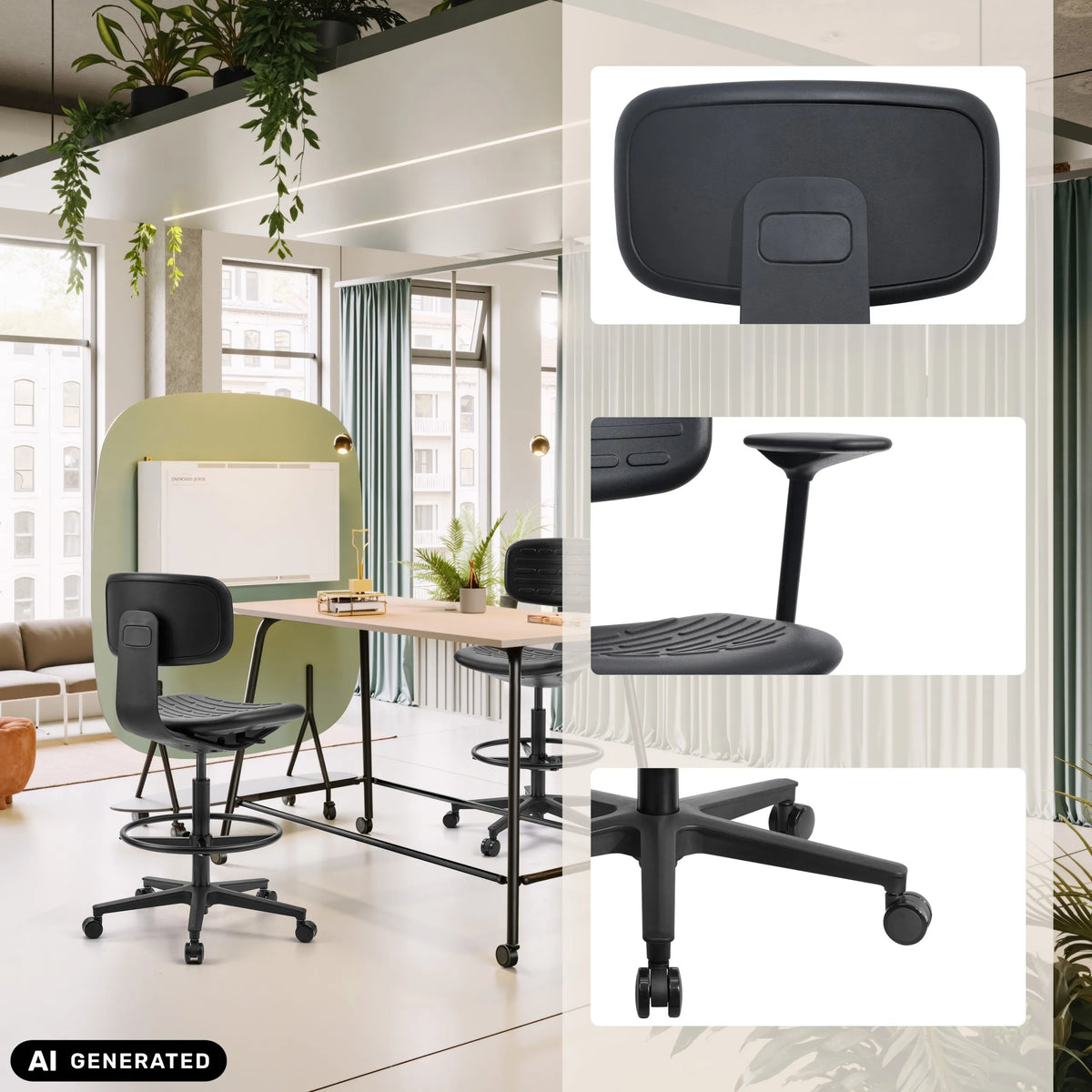 Black TOP WORK B counter chair with foot ring and castors in different views by hjh OFFICE (AI-generated image)