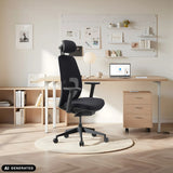 Black professional office chair Skandis Pro with headrest in a home office by hjh OFFICE (AI-generated image)