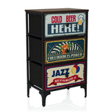 Chest of drawers AMERIKO S with three patterned drawers in vintage look and black frame by hjh LIVING – 360-degree view (front three-quarter view 30°)