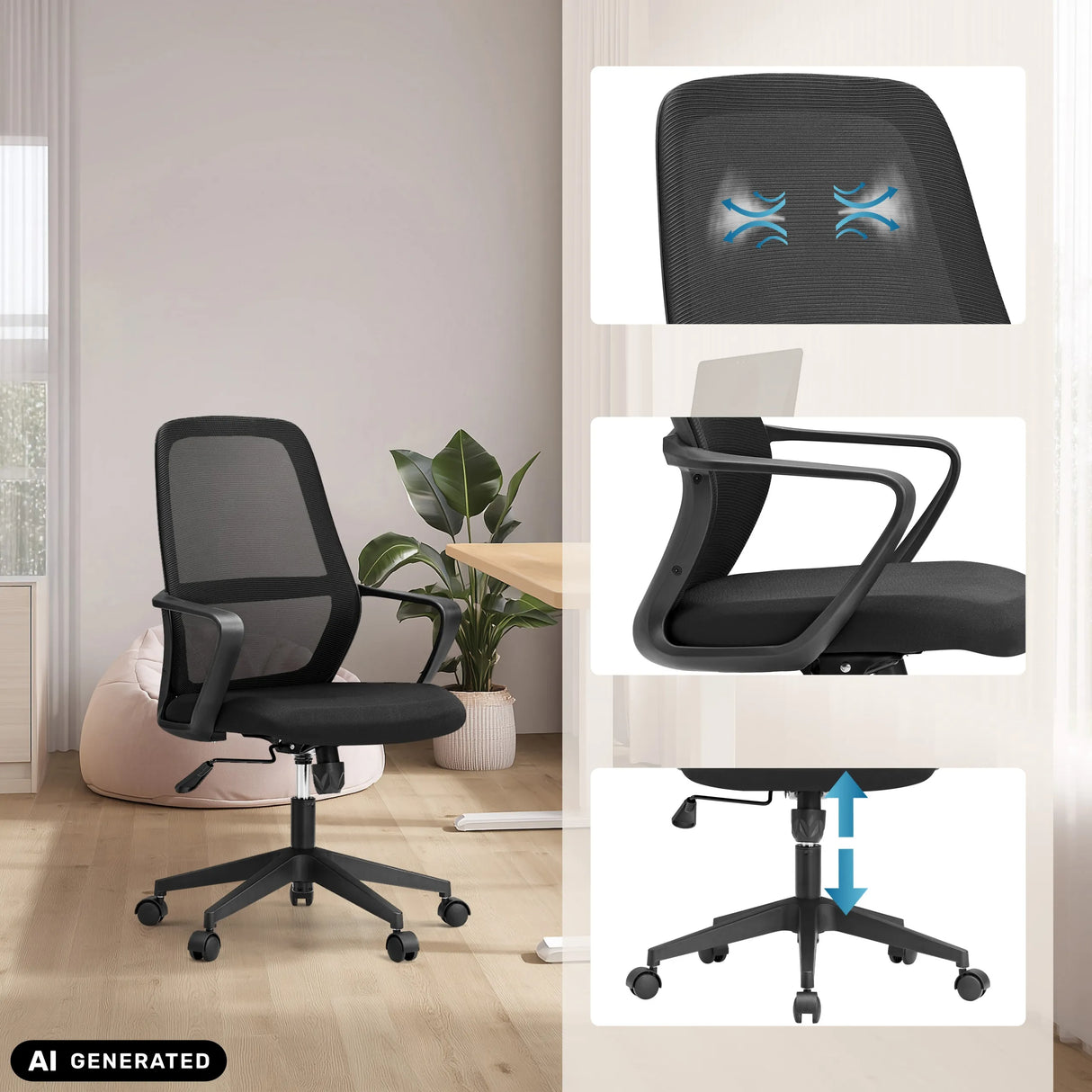 Home Office Chair Explorer in black with mesh back, armrests and gas lift by MyBuero (AI-generated image)