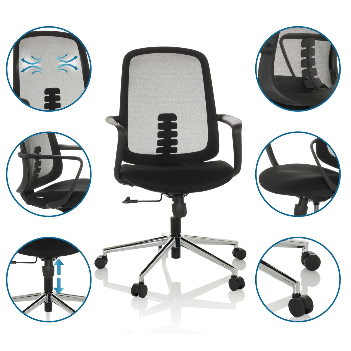 Home Office Chair SEDIOLO B in black with various detailed views of the functions by hjh OFFICE