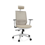 Beige Professional Office Chair PROFONDO PRO W with mesh back, headrest and white five-caster base by hjh OFFICE – 360-degree view (front view 20°)