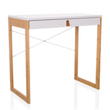 White Office Desk TAROLO II with one drawer, brown leather handle and wooden legs by hjh LIVING – 360-degree view (front three-quarter view 30°)