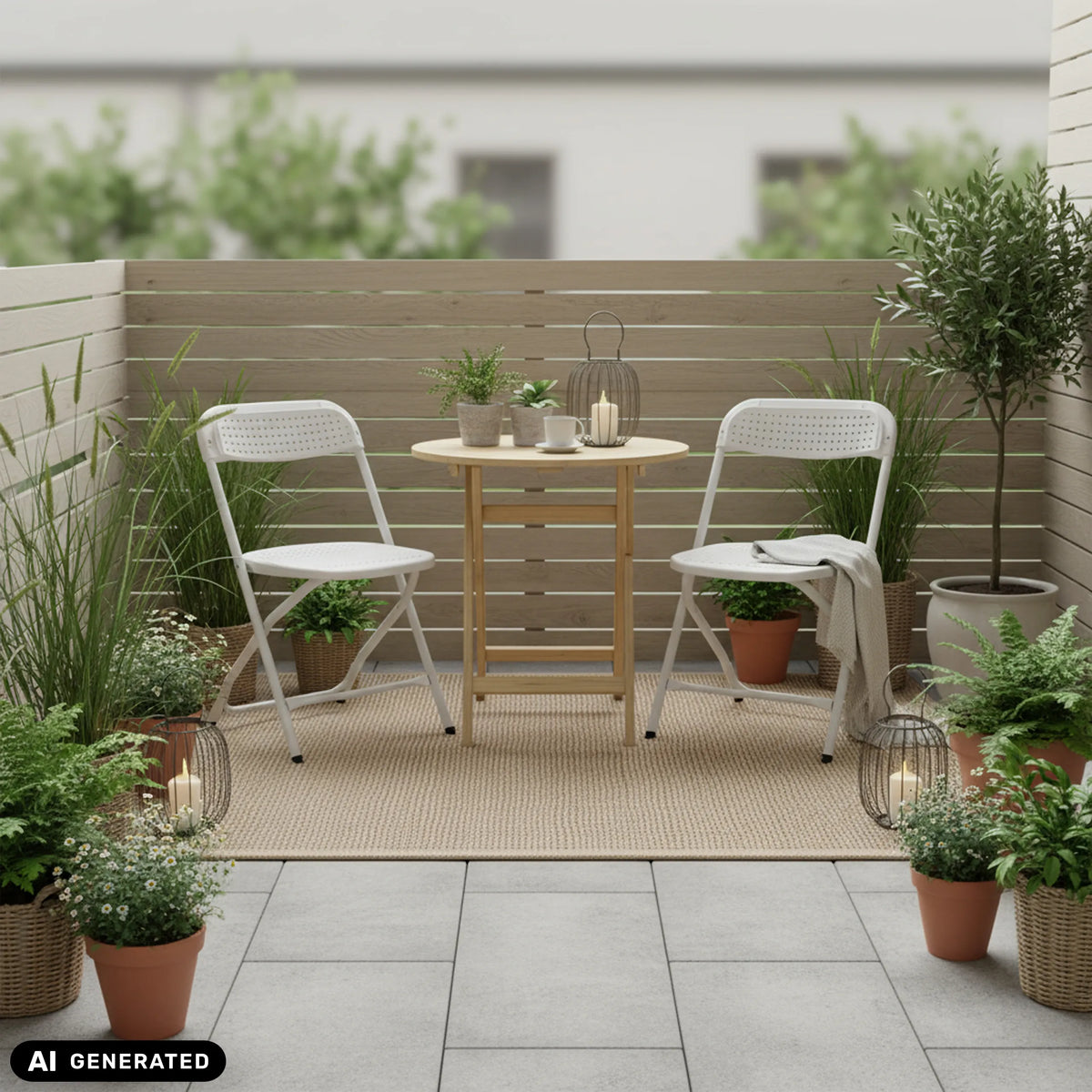 Two white TUDELA XXL PRO W outdoor chairs at a round wooden table on a terrace by hjh OFFICE (AI-generated image)
