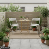 Two white TUDELA XXL PRO W outdoor chairs at a round wooden table on a terrace by hjh OFFICE (AI-generated image)
