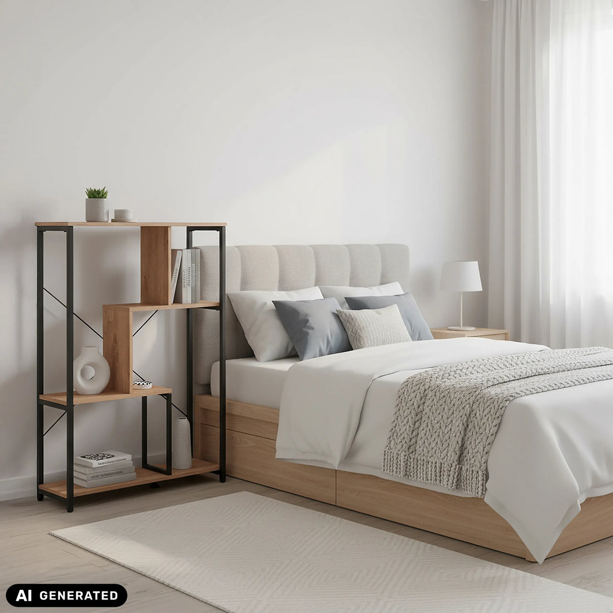 Kalag Eco shelf in black and oak next to a bed by hjh LIVING (AI-generated image)
