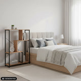 Kalag Eco shelf in black and oak next to a bed by hjh LIVING (AI-generated image)
