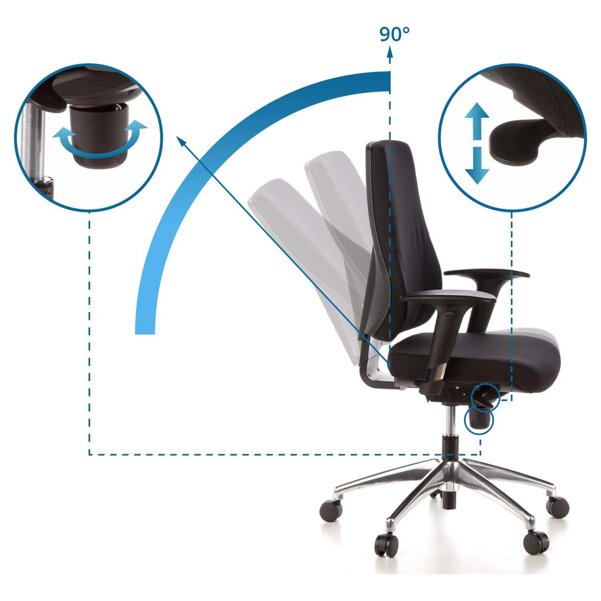 Adjustable backrest with 90-degree position and height adjustment of the Professional Office Chair PRO-TEC 200 by hjh OFFICE