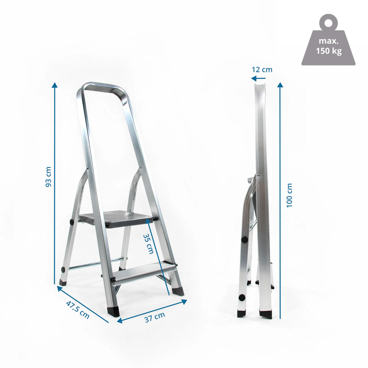 Dimensional drawing of the Folding Ladder SOLID I with a height of 93 cm and a load capacity of 150 kg by hjh OFFICE