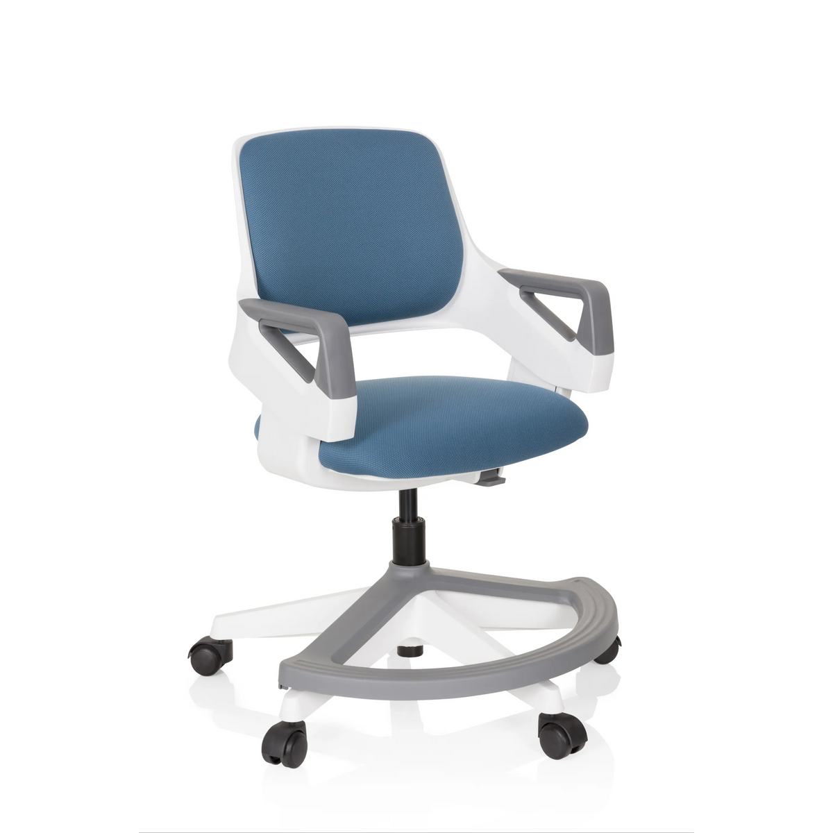 Blue-grey Swivel Chair – Children KID FLEX with armrests and five-caster base by hjh OFFICE – 360-degree view (front three-quarter view 40°)