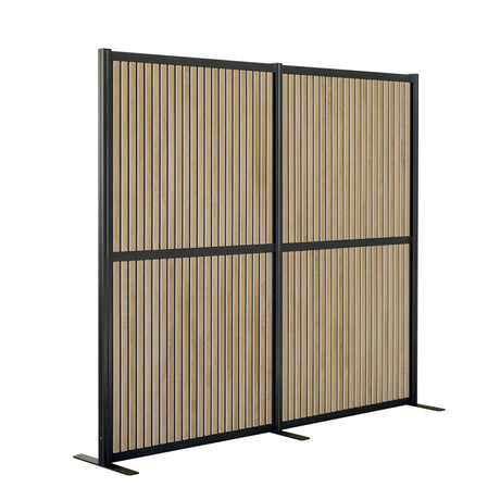 Partition wall FLEXMIUT MODUL with brown wooden slats and black metal frame by hjh OFFICE
