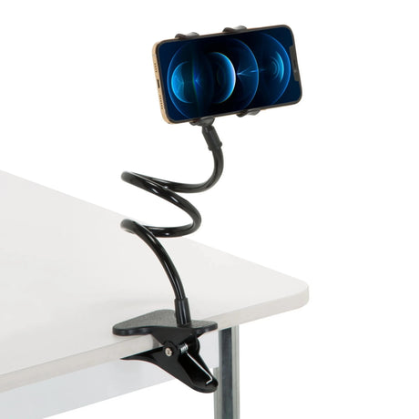 Black Mobile phone & tablet holder FLEXMOBI with flexible gooseneck and table clamp by hjh OFFICE