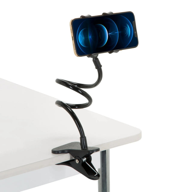 Black Mobile phone & tablet holder FLEXMOBI with flexible gooseneck and table clamp by hjh OFFICE