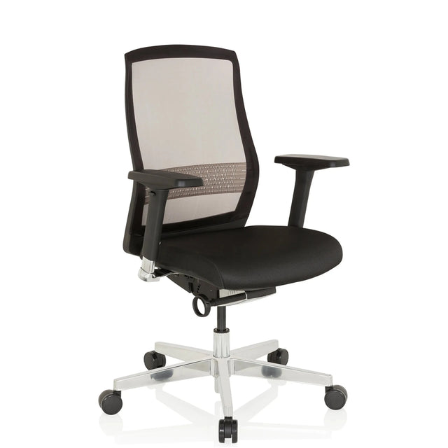 High End Office Chair FOUNTAINE in black with mesh backrest and polished star base by hjh OFFICE