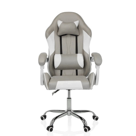 Gaming chair GAMEBREAKER W03 in grey-white with neck and lumbar cushions and a silver base by MyBuero