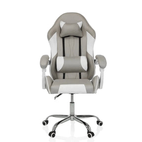 Gaming chair GAMEBREAKER W03 in grey-white with neck and lumbar cushions and a silver base by MyBuero
