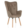 Brown upholstered armchair HAVENIO I with button tufting and light wood legs by hjh LIVING