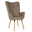 Brown upholstered armchair HAVENIO I with button tufting and light wood legs by hjh LIVING