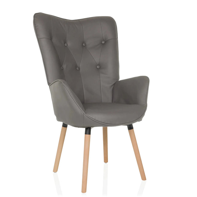 Grey upholstered armchair HAVENIO I with button tufting and light wood legs by hjh LIVING