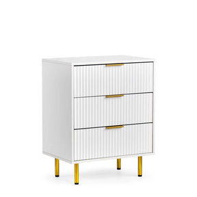 White Hjelle K chest of drawers with ribbed front design, three gold-coloured handles and four gold feet by hjh LIVING
