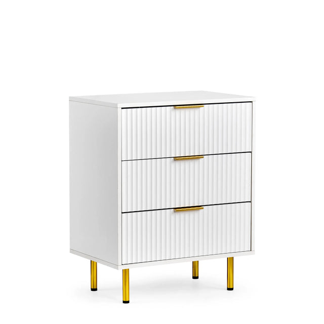 White Hjelle K chest of drawers with ribbed front design, three gold-coloured handles and four gold feet by hjh LIVING