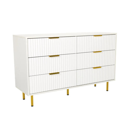 White Sideboard HJELLE with six ribbed drawers and golden handles by hjh LIVING