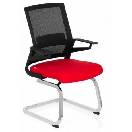 Cantilever chair INVENTOR V with black mesh back, red seat and chrome frame by hjh OFFICE