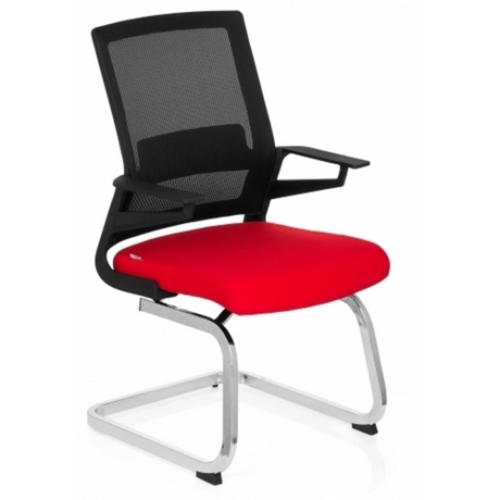 Cantilever chair INVENTOR V with black mesh back, red seat and chrome frame by hjh OFFICE