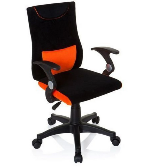 Kinderdrehstuhl KIDDY PRO AL in Schwarz-Orange mit Armlehnen und Rollenfußkreuz von hjh OFFICE