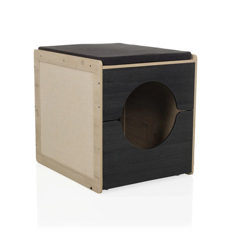 Cat house KITTY PAWBOX 2 in black and oak with circular opening and cushion by hjh LIVING