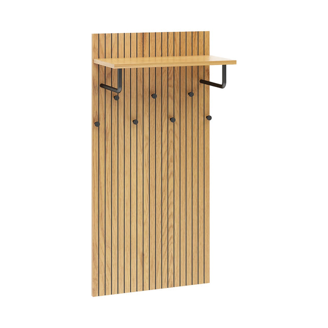 Wall-mounted coat rack LINNO SPACE in oak look with black shelf and six hooks by hjh LIVING