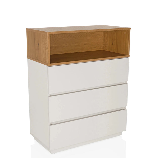 Chest of drawers MELMO K in white and oak with three drawers and an open compartment by hjh LIVING