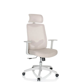 Home Office Chair MIKEO W in beige fabric upholstery with headrest and white armrests by hjh OFFICE