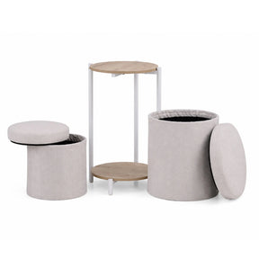Nestup 1 side table in white and oak with integrated beige fabric-covered stool by hjh LIVING