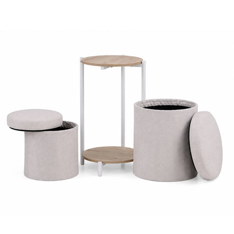 Nestup 1 side table in white and oak with integrated beige fabric-covered stool by hjh LIVING