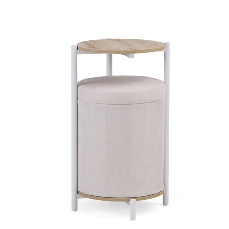 Nestup 1 side table in white and oak with integrated beige fabric-covered stool by hjh LIVING