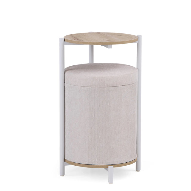 Nestup 1 side table in white and oak with integrated beige fabric-covered stool by hjh LIVING