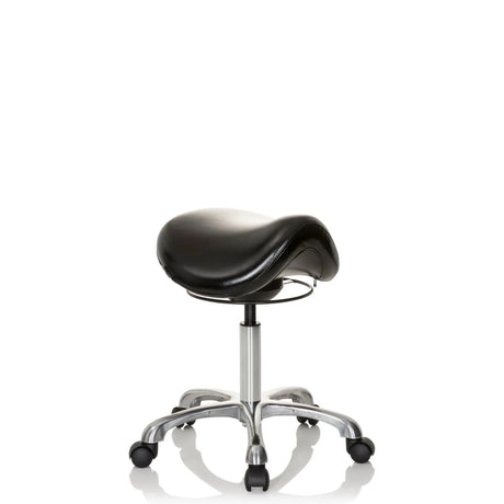 Black Saddle stool ORTHO SIT with padded seat and chrome five-star base on castors by hjh OFFICE