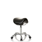 Black Saddle stool ORTHO SIT with padded seat and chrome five-star base on castors by hjh OFFICE