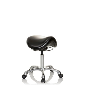 Black Saddle stool ORTHO SIT with padded seat and chrome five-star base on castors by hjh OFFICE