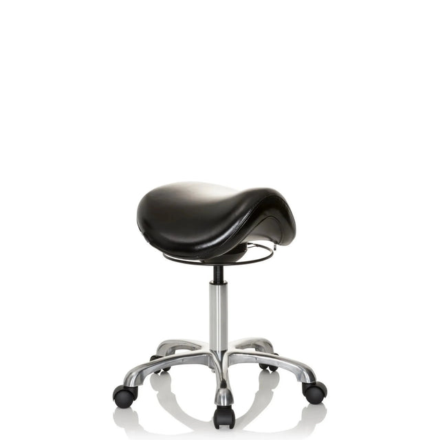 Black Saddle stool ORTHO SIT with padded seat and chrome five-star base on castors by hjh OFFICE