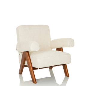 White Lounge Chair POOLY with textured fabric upholstery and brown wooden legs by hjh LIVING