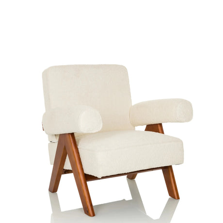 White Lounge Chair POOLY with textured fabric upholstery and brown wooden legs by hjh LIVING
