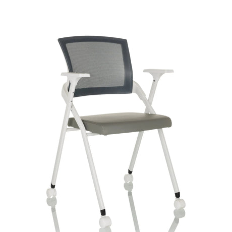 Grey Folding chair PRIORITY II W PU with mesh backrest, armrests and castors by hjh OFFICE