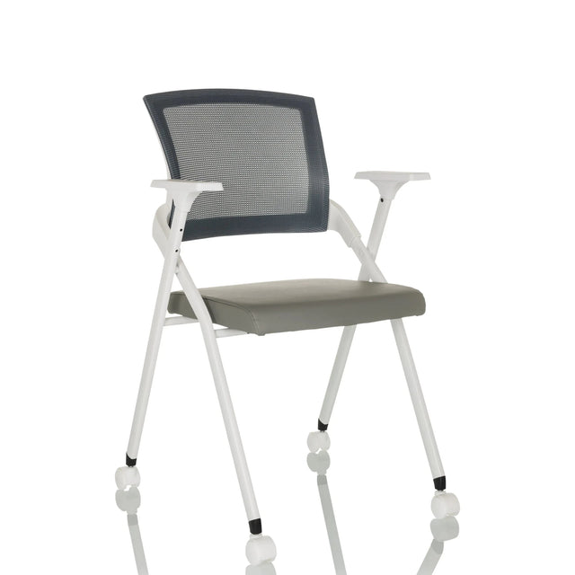 Grey Folding chair PRIORITY II W PU with mesh backrest, armrests and castors by hjh OFFICE