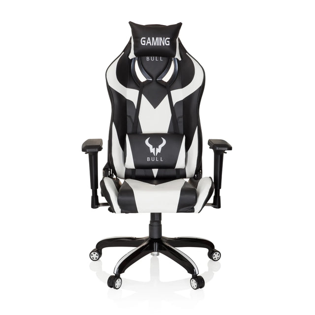 Gaming chair PROMOTER I in black and white colour combination with neck and lumbar cushions by hjh OFFICE